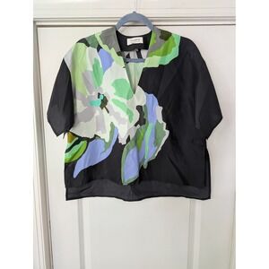 Psophia Black Floral 100% Silk Habotai V-Neck Top XS boxy artsy botanical